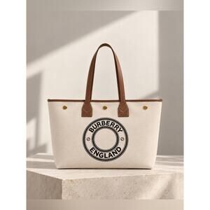 Burberry Beige Canvas Tote with Brown Leather Trim and Black Logo